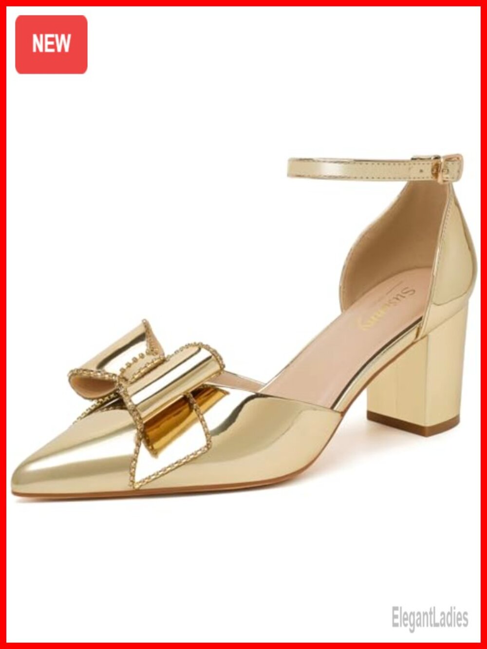 Kitten Heels Closed Toe Strappy Block Heeled Pumps Pointed Toe with Bow Chunky